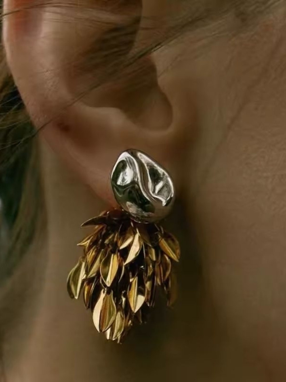 Gold and Silver Leaf Cluster Drop Earrings - Picture 4 of 11